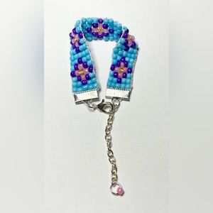 Handmade Bead Loom Bracelet Floral Design Blue Purple Pink Glass Beads Silver